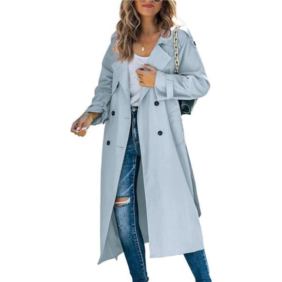 Women's Double Breasted Long Trench Coat Windproof Classic Lapel Slim